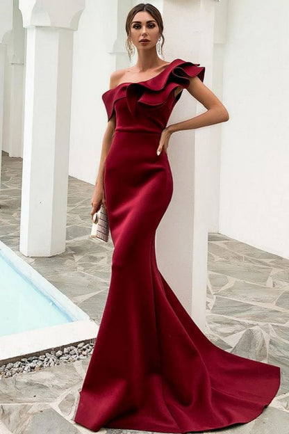 Slim Mermaid One Shoulder Sweep Train Prom Dress
