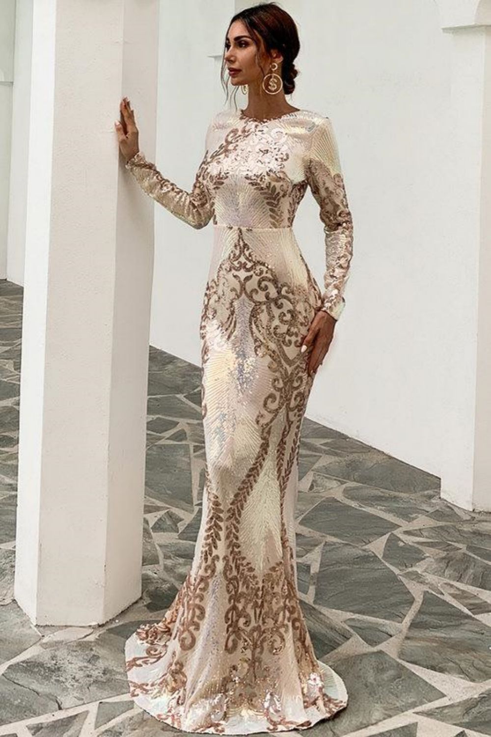Mermaid Long Sleeves Prom Dress With Sequin Applique