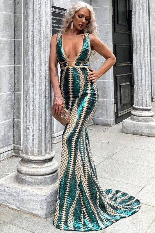 Sexy Mermaid Sweap Train Deep V Neck Prom Dress