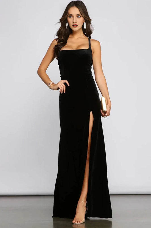 Lace-Up Back Velvet Floor Length Mermaid Square Neck Evening Dress With Slit
