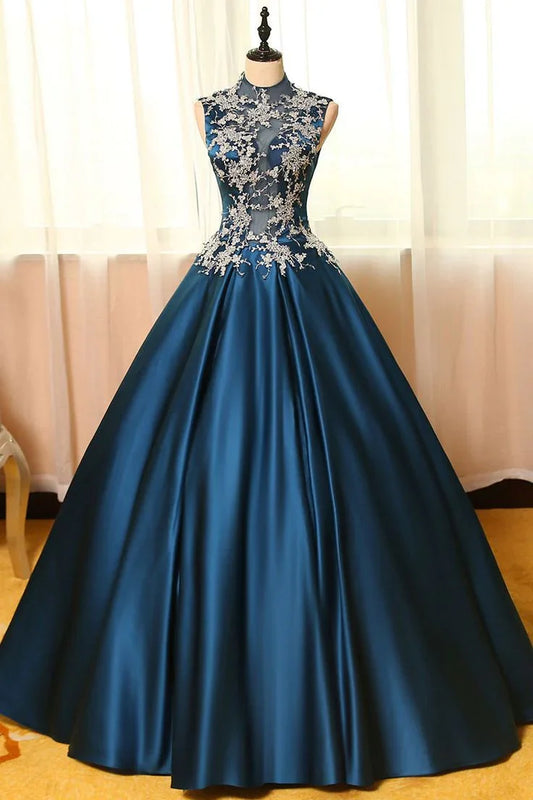 Formal Women's Dresses Peacock Blue Satin Lace Applique Long Prom Dress Formal Evening Dress Prom Clothing