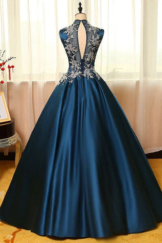 Formal Women's Dresses Peacock Blue Satin Lace Applique Long Prom Dress Formal Evening Dress Prom Clothing