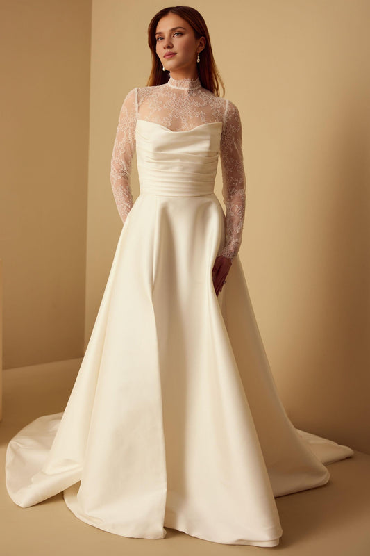 Formal Wear Dresses Long Sleeves Half Hight Neck Lace Bodysuit A-line Floor Length Wedding Dress With Train