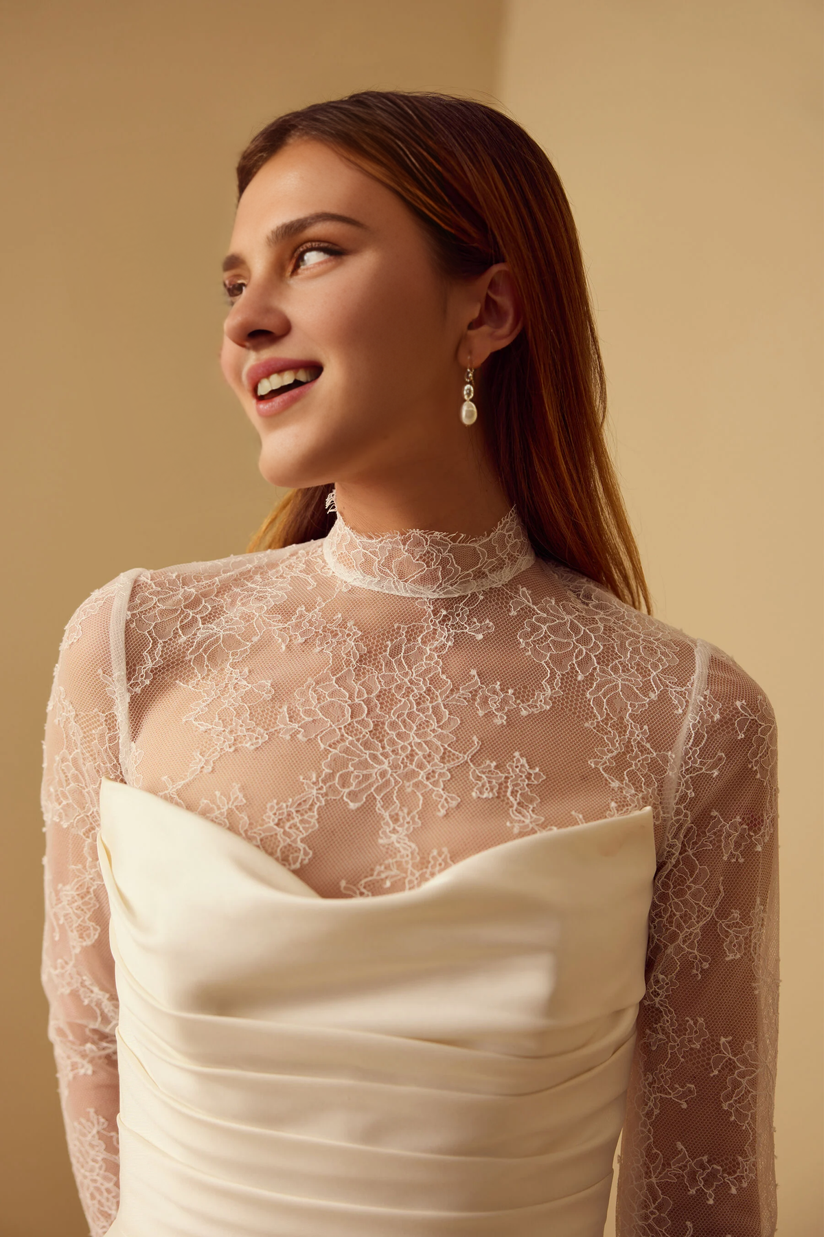 Formal Wear Dresses Long Sleeves Half Hight Neck Lace Bodysuit A-line Floor Length Wedding Dress With Train