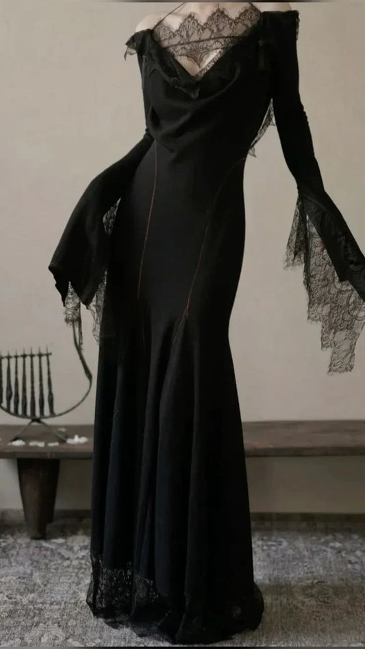 Dress Prom Dress Stores Black Gothic Long Sleeves Lace Halter Backless Long Party Dress Formal Dresses