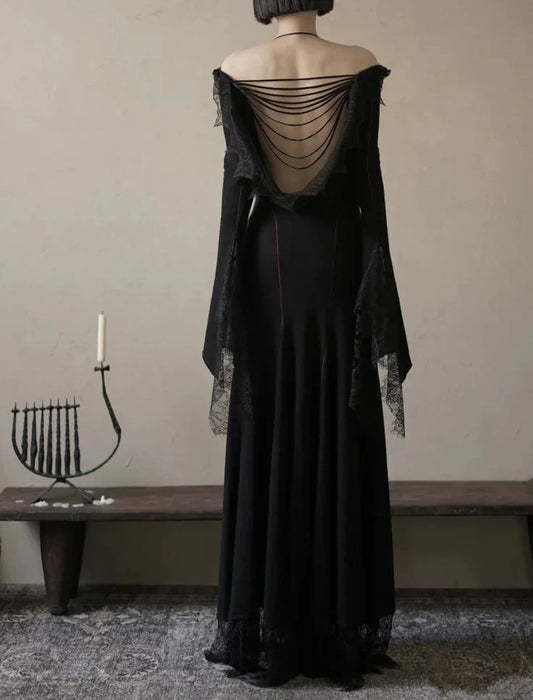 Dress Prom Dress Stores Black Gothic Long Sleeves Lace Halter Backless Long Party Dress Formal Dresses