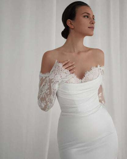 Elegant Mermaid Off‑The‑Shoulder LongSleeve OpenBack FloorLength Wedding Dress