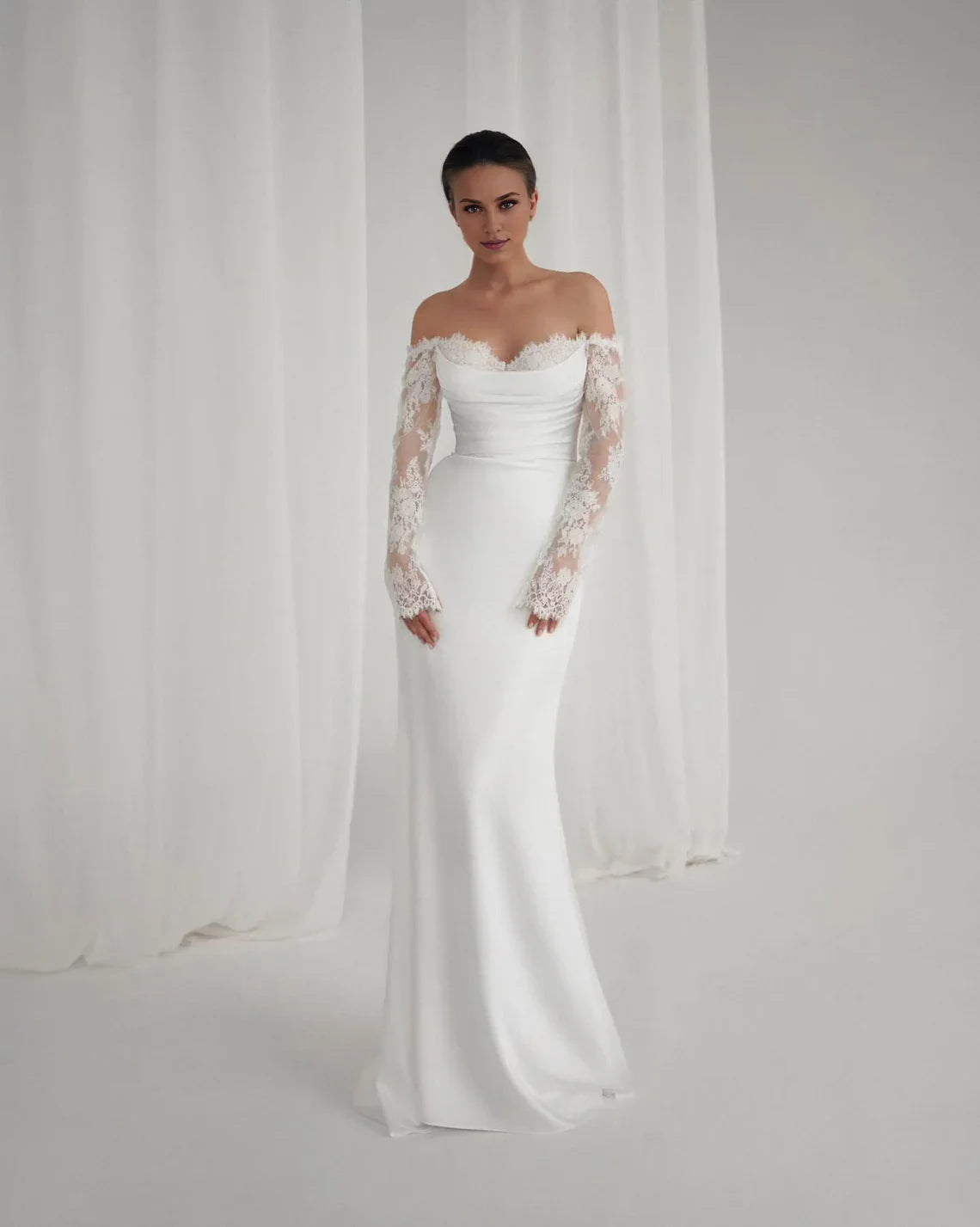 Elegant Mermaid Off‑The‑Shoulder LongSleeve OpenBack FloorLength Wedding Dress
