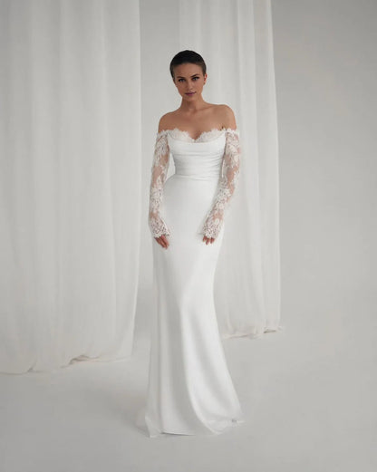Elegant Mermaid Off‑The‑Shoulder LongSleeve OpenBack FloorLength Wedding Dress
