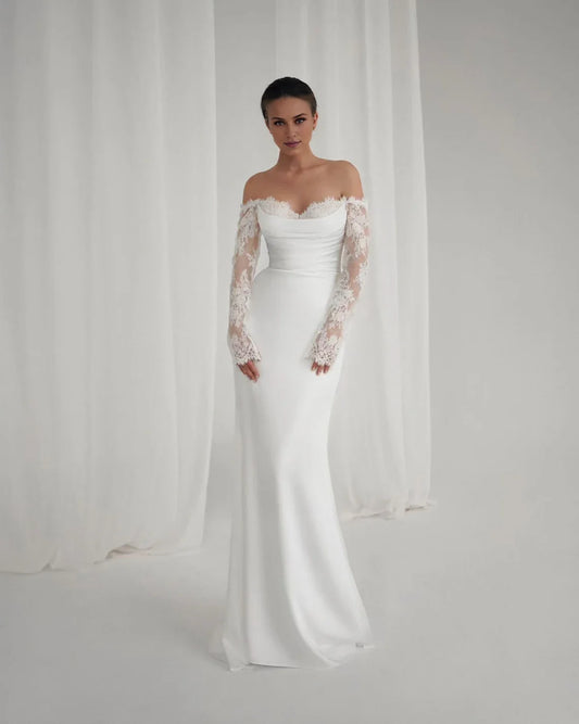 Elegant Mermaid Off‑The‑Shoulder LongSleeve OpenBack FloorLength Wedding Dress
