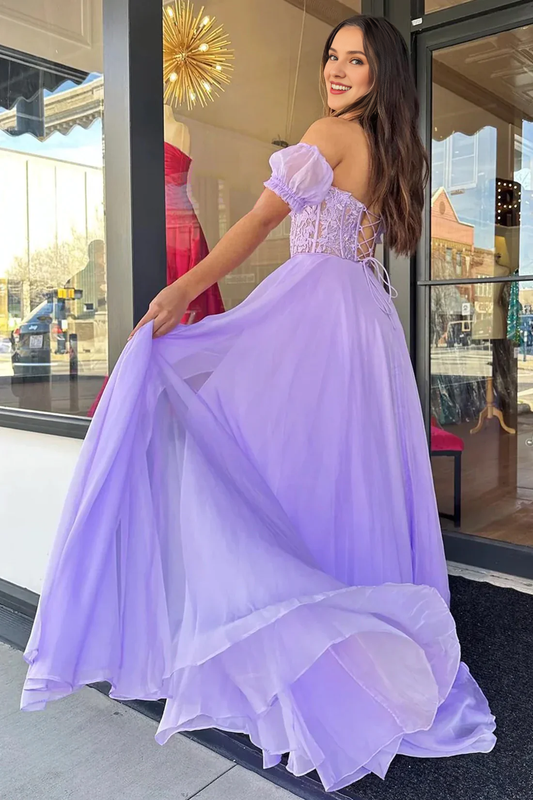 Lace Up Floor Length Off-the-Shoulder Tulle Backless Lace Long Evening Dress Corset