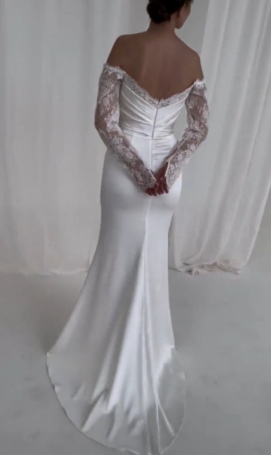 Lace Satin Mermaid Wedding Dress Gorgeous Fitted Bridal Gown Romantic Floral Lace Off Shoulder Corset Open Back Long Sleeves Wedding Dress