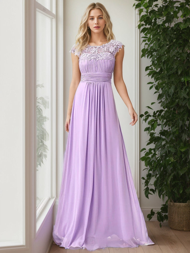 Classic Maxi Long Lace Cap Sleeve Bridesmaid Dress