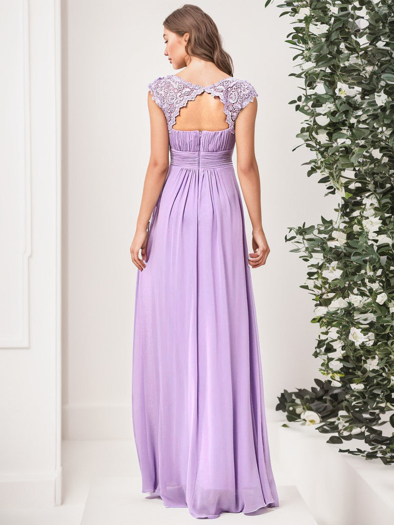 Classic Maxi Long Lace Cap Sleeve Bridesmaid Dress