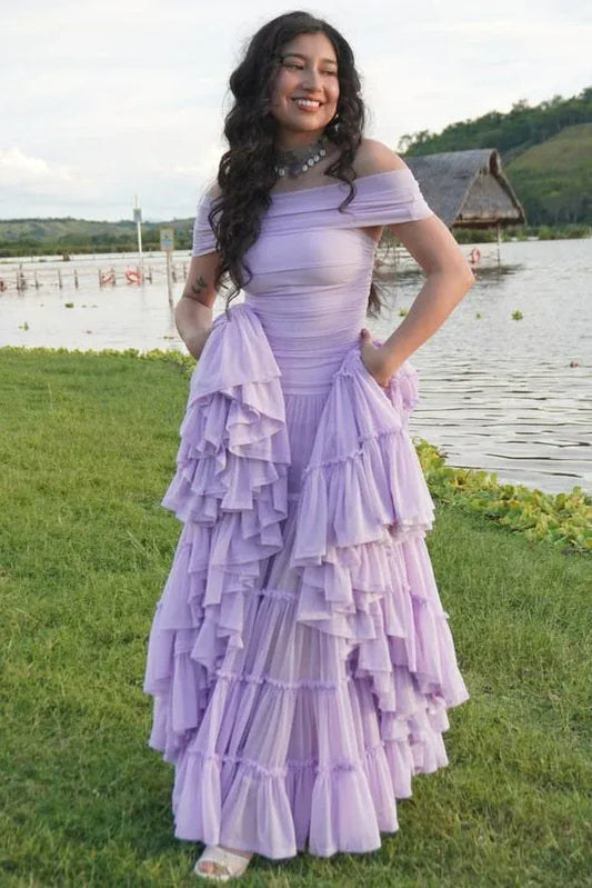 Lavender Off Shoulder Tiered Ruffle Chiffon Maxi Dress