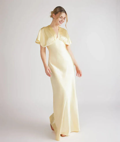 Dress Deep V Neck Batwing Satin Bridesmaid Dress Champagne Pleated Solid Color Fashion Prom Dress