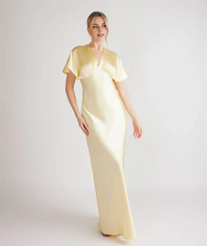 Dress Deep V Neck Batwing Satin Bridesmaid Dress Champagne Pleated Solid Color Fashion Prom Dress