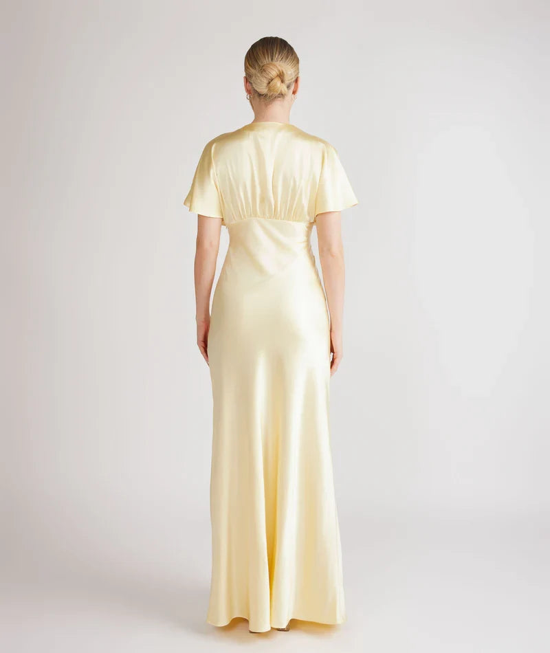 Dress Deep V Neck Batwing Satin Bridesmaid Dress Champagne Pleated Solid Color Fashion Prom Dress