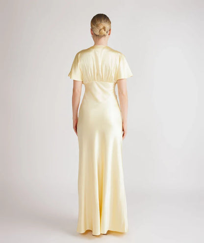 Dress Deep V Neck Batwing Satin Bridesmaid Dress Champagne Pleated Solid Color Fashion Prom Dress