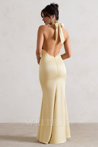 Dress Mint Green Satin Cross Over Halter-Neck Maxi Dress Prom Dress Low Backless Sleeveless Floor Length Bridesmaid Dress