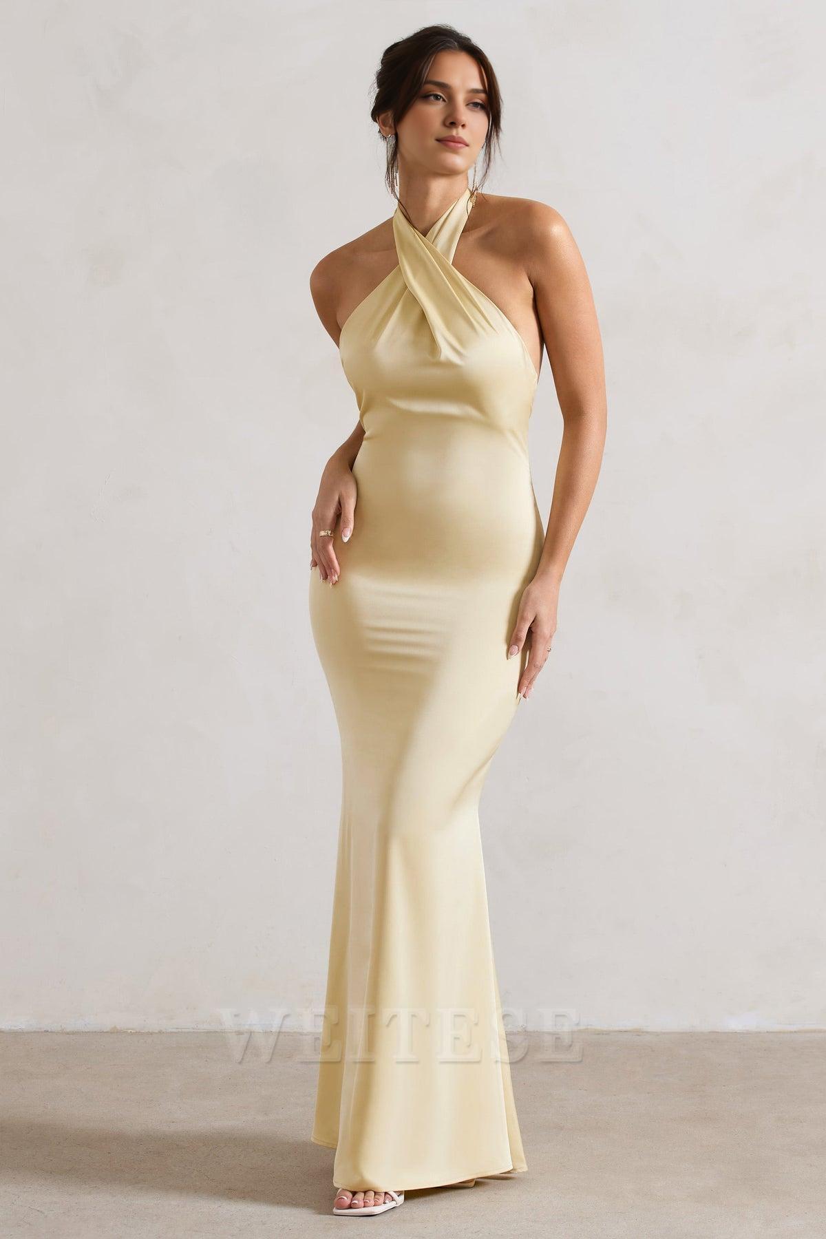 Dress Mint Green Satin Cross Over Halter-Neck Maxi Dress Prom Dress Low Backless Sleeveless Floor Length Bridesmaid Dress