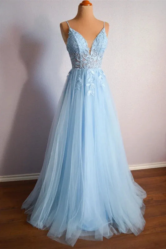 Light Sky Blue Spaghetti Strap Lace Corset Criss Cross Back A-Line Tulle Prom Dress