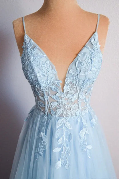 Light Sky Blue Spaghetti Strap Lace Corset Criss Cross Back A-Line Tulle Prom Dress