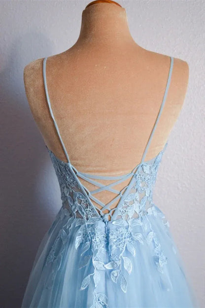 Light Sky Blue Spaghetti Strap Lace Corset Criss Cross Back A-Line Tulle Prom Dress