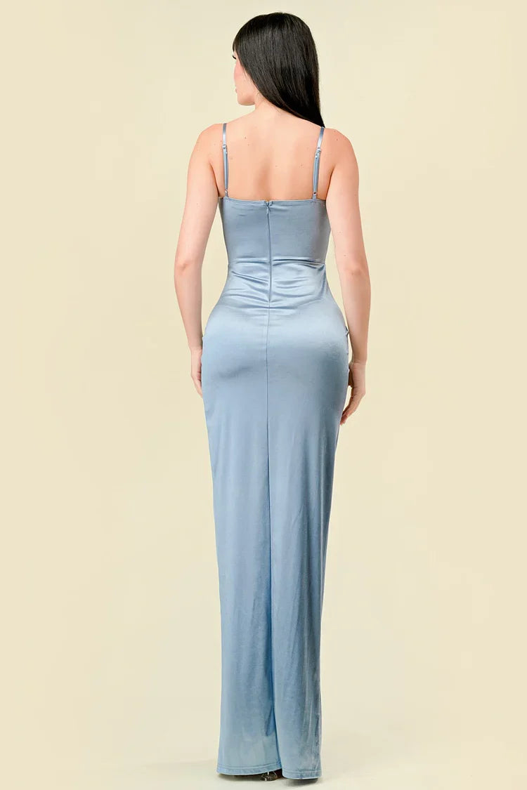 Light Blue Satin Corset Maxi Dress with Side Slit Discount Floor Length Prom Dresses