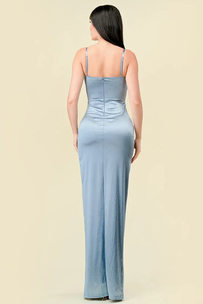 Light Blue Satin Corset Maxi Dress with Side Slit Discount Floor Length Prom Dresses