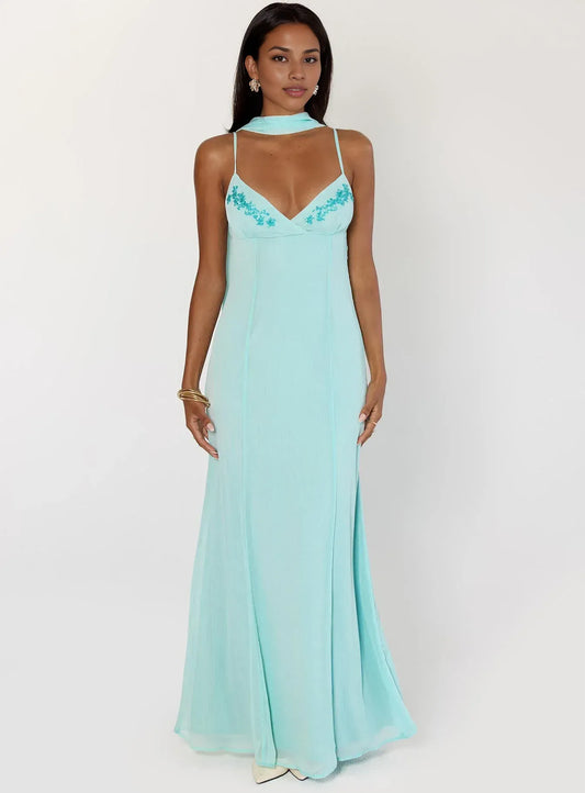 Halter Neck Backless Maxi Dress Trendy Floor Length Ball Gowns