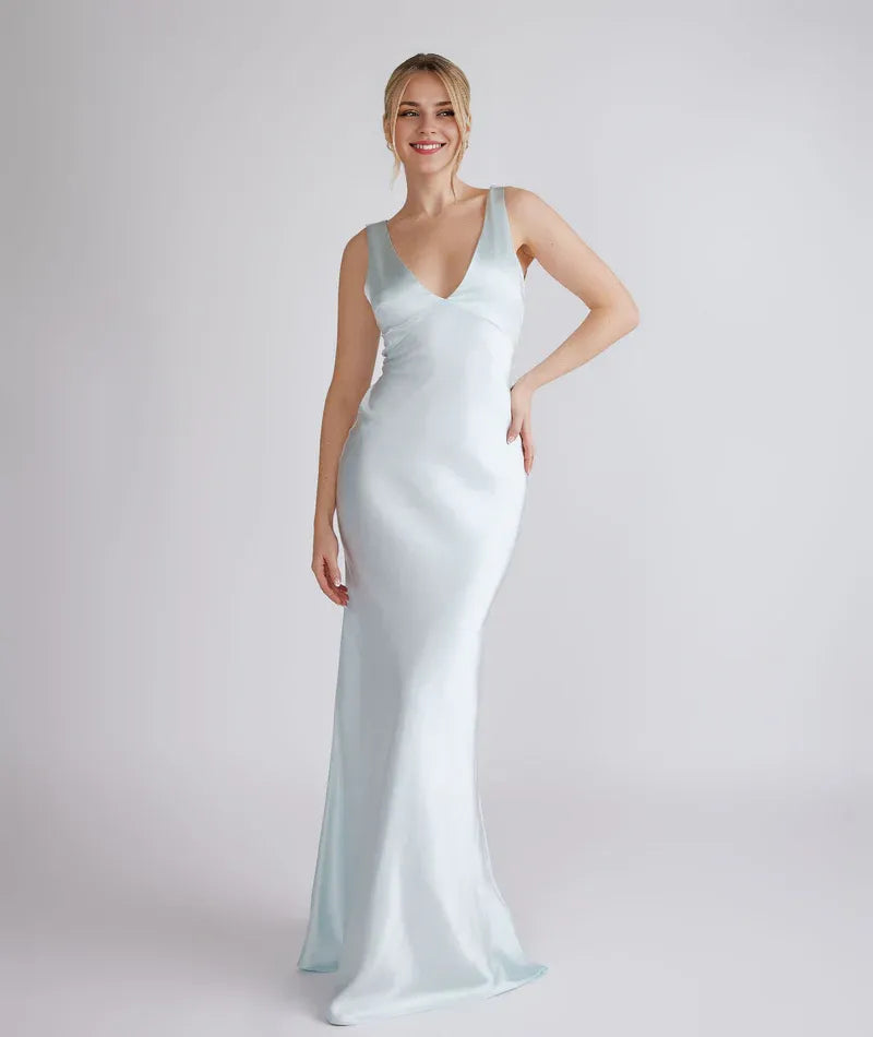 Dress Fashion Twist Back Satin Bridesmaid Dress Maxi Dress Solid Color Champagne Deep V Neck Column Prom Dress