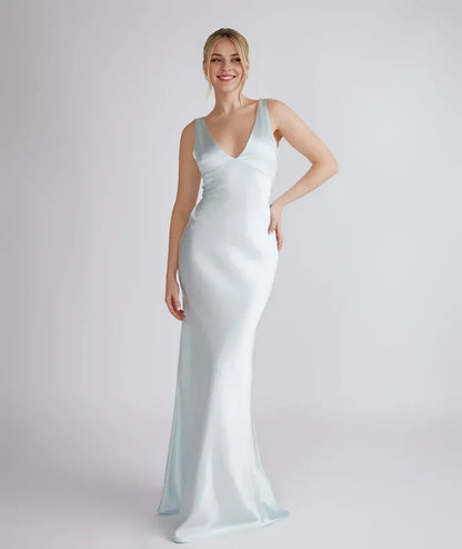 Dress Fashion Twist Back Satin Bridesmaid Dress Maxi Dress Solid Color Champagne Deep V Neck Column Prom Dress