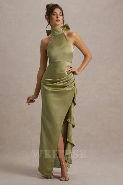 Dress Pink Satin High-Neck Draped Maxi Dress Prom Dress With Bow Ruffle Floor Length Sleeveless Bridesmaid Dress