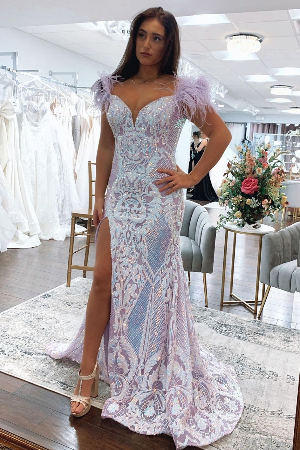 Mermaid Long Glitter Prom Dress With Split And Feather