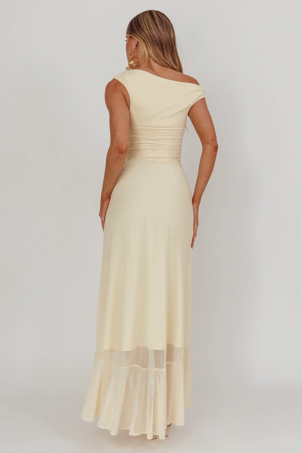 Dress Light Green Off Shoulder Maxi Dress with Ruched Bodice and Asymmetric Sheer Slit Prom Dress