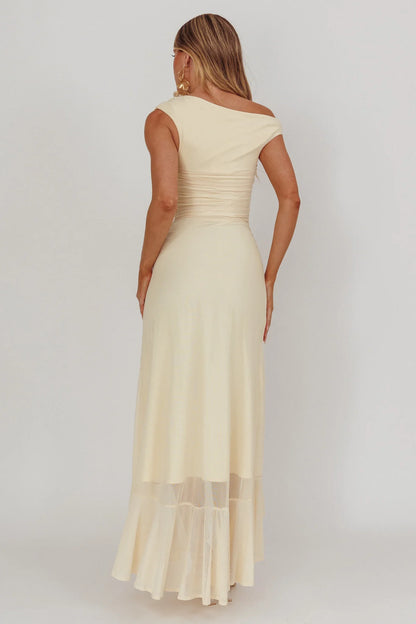 Dress Light Green Off Shoulder Maxi Dress with Ruched Bodice and Asymmetric Sheer Slit Prom Dress