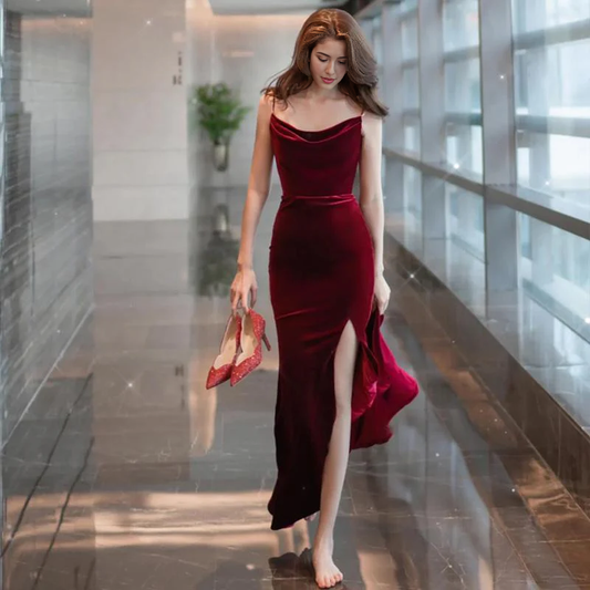 Formal Women's Dresses Burgundy Velvet Sexy Mermaid Slit Long Evening Dress Backless Prom Dress Party Dress Prom Dresses Stores