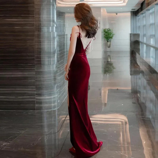 Formal Women's Dresses Burgundy Velvet Sexy Mermaid Slit Long Evening Dress Backless Prom Dress Party Dress Prom Dresses Stores