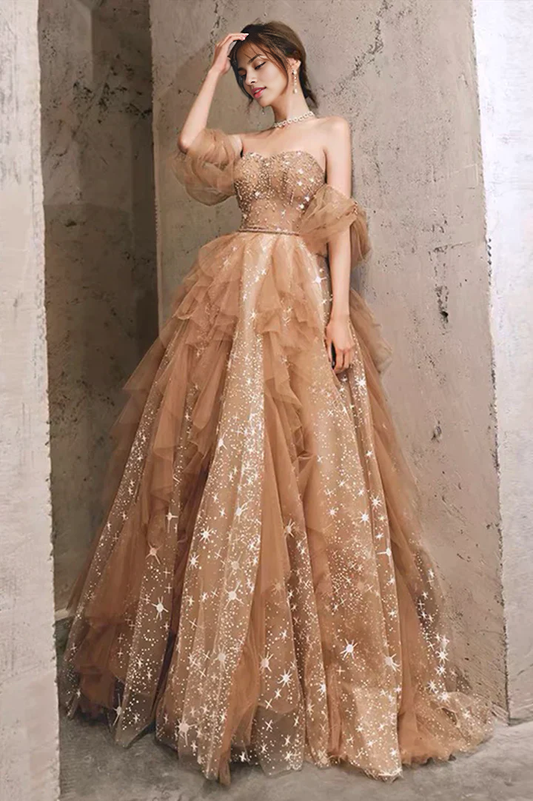 Formal Women's Dresses Strapless Tulle Long Prom Dress A Line Formal Shiny Evening Gown Prom Dresses Stores