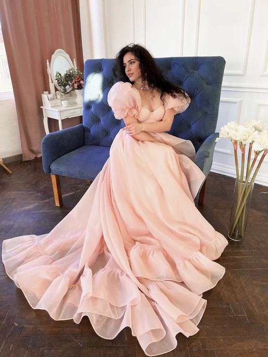Formal Women's Dresses Pink A-Line Organza Long Prom Dress Engagement Dress with Puff Sleeves Prom Clothing