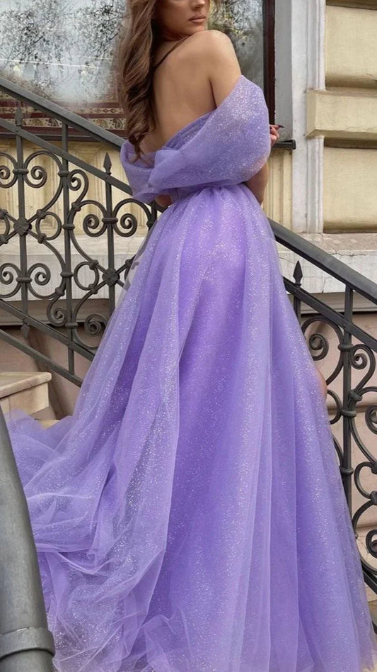 Formal Women's Dresses Purple A-Line Strapless Tulle Long Prom Dress Evening Party Dress Prom Clothing