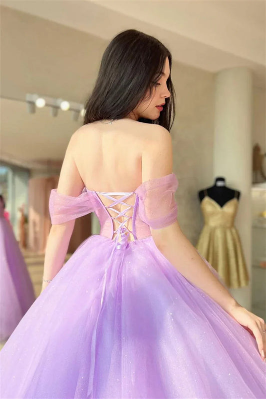 Formal Women's Dresses Lilac Off-the-Shoulder Lace-Up Tulle Long Prom Dress Prom Dresses Stores