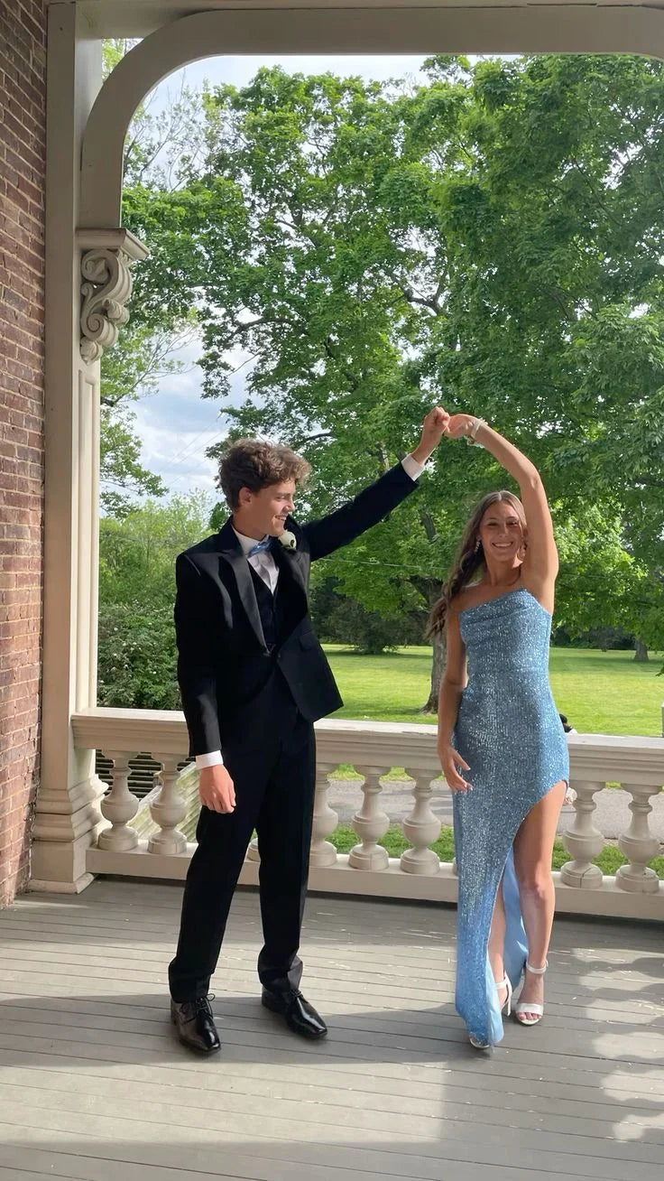Formal Women's Dresses Light Blue Sequined Long Prom Dress with Slit Prom Clothing