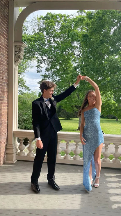 Formal Women's Dresses Light Blue Sequined Long Prom Dress with Slit Prom Clothing