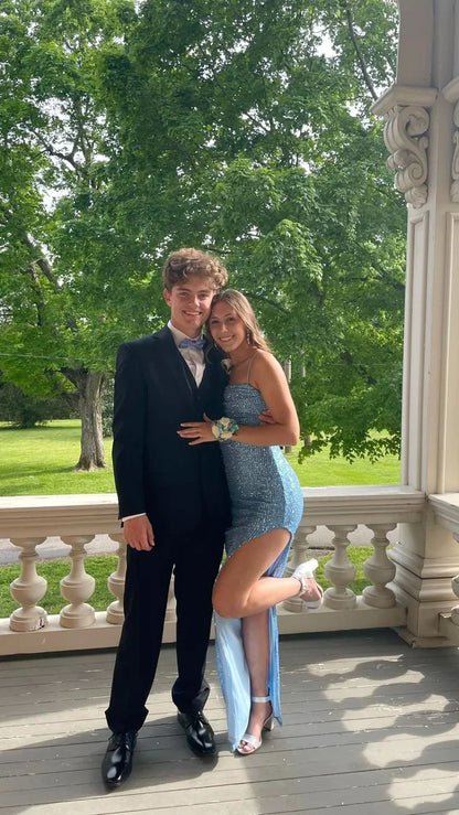 Formal Women's Dresses Light Blue Sequined Long Prom Dress with Slit Prom Clothing