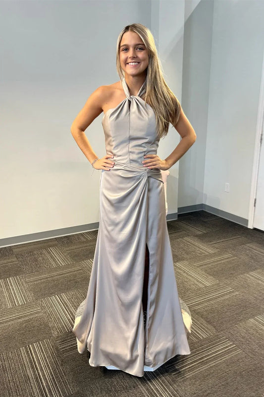 Formal Women's Dresses Grey Satin Halter Backless Long Prom Dress with Slit Prom Dress Stores
