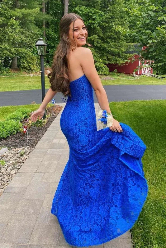 Formal Women's Dresses Royal Blue Strapless Long Prom Dress with Slit Prom Dress Stores