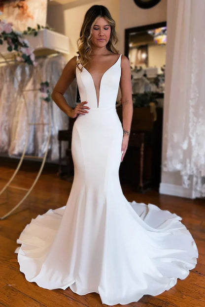 Long Satin Deep V Neck Backless Mermaid Beach Evening Dress With Train