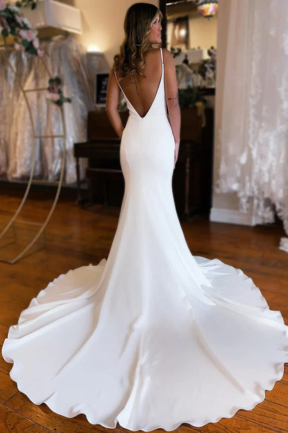 Long Satin Deep V Neck Backless Mermaid Beach Evening Dress With Train